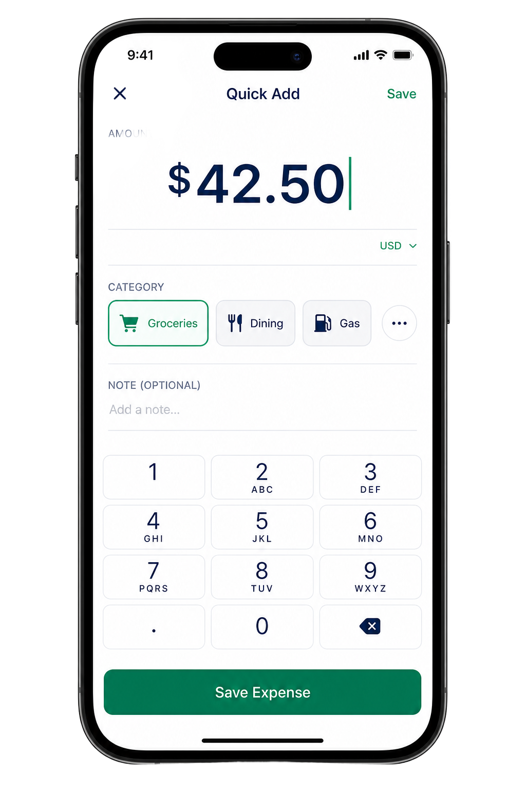 NestLedgerPlus Quick Add screen