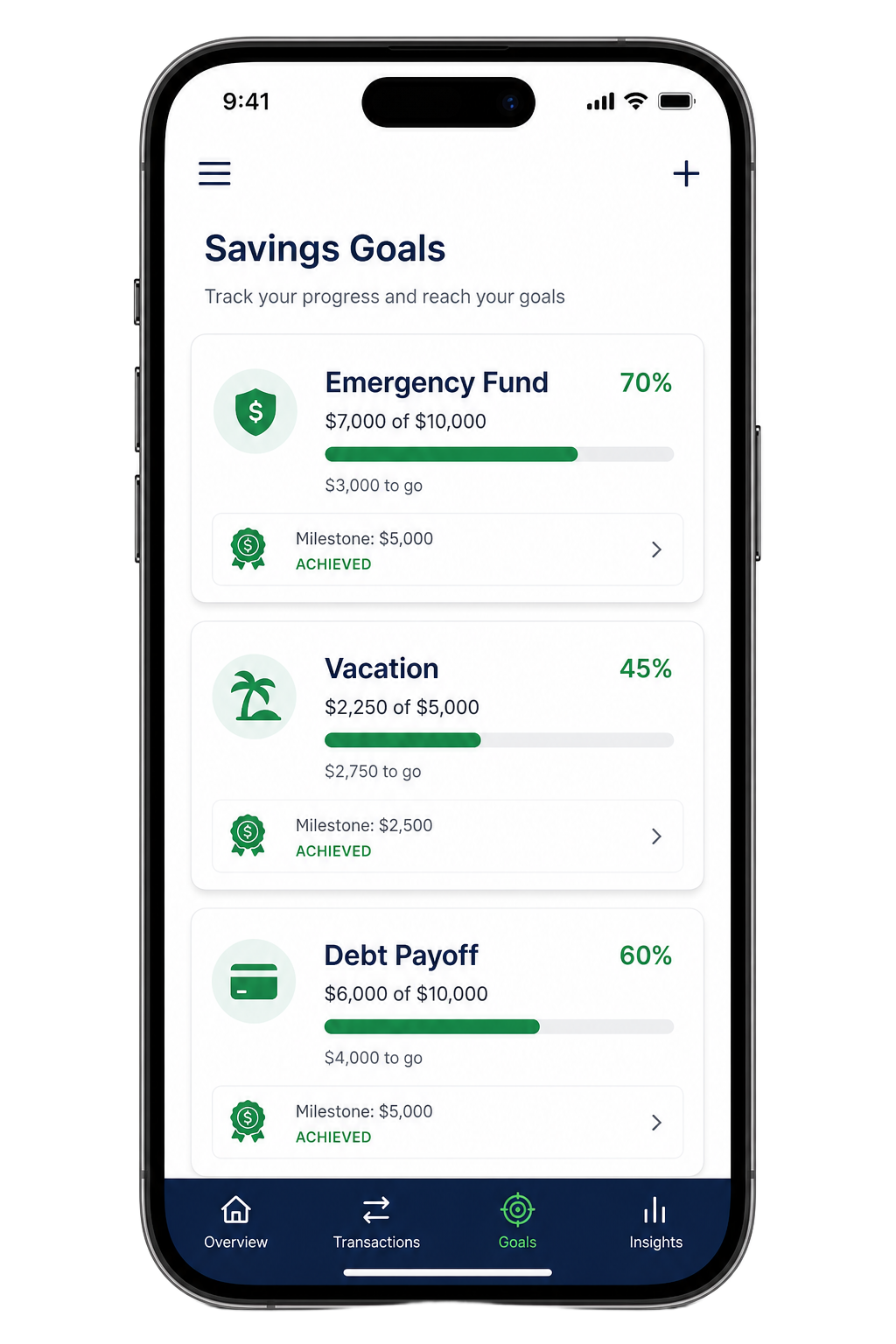 NestLedgerPlus Savings Goals screen
